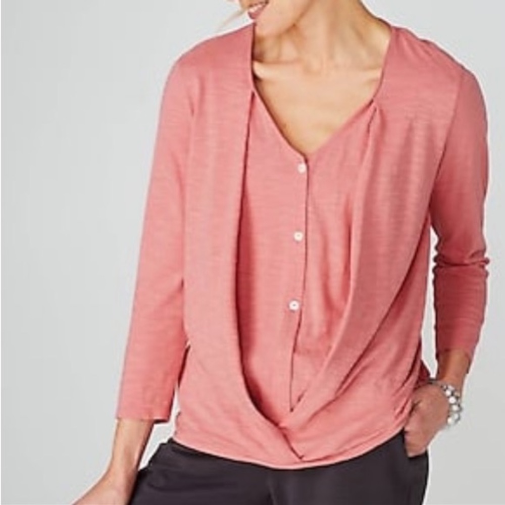 Purejill Cotton Cross Front Blouse Top V-neck 3/4 Sleeve Pink | Small